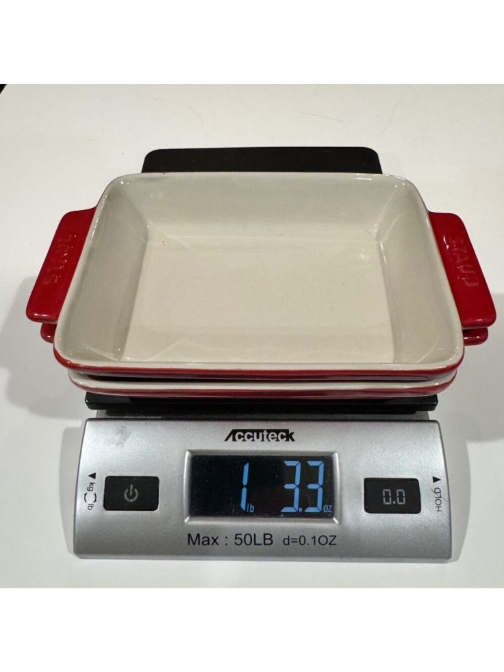2 Staub Ceramic Rectangular Individual Baking Dishes Set Cherry Red Cream 6.5 in - Picture 14 of 14